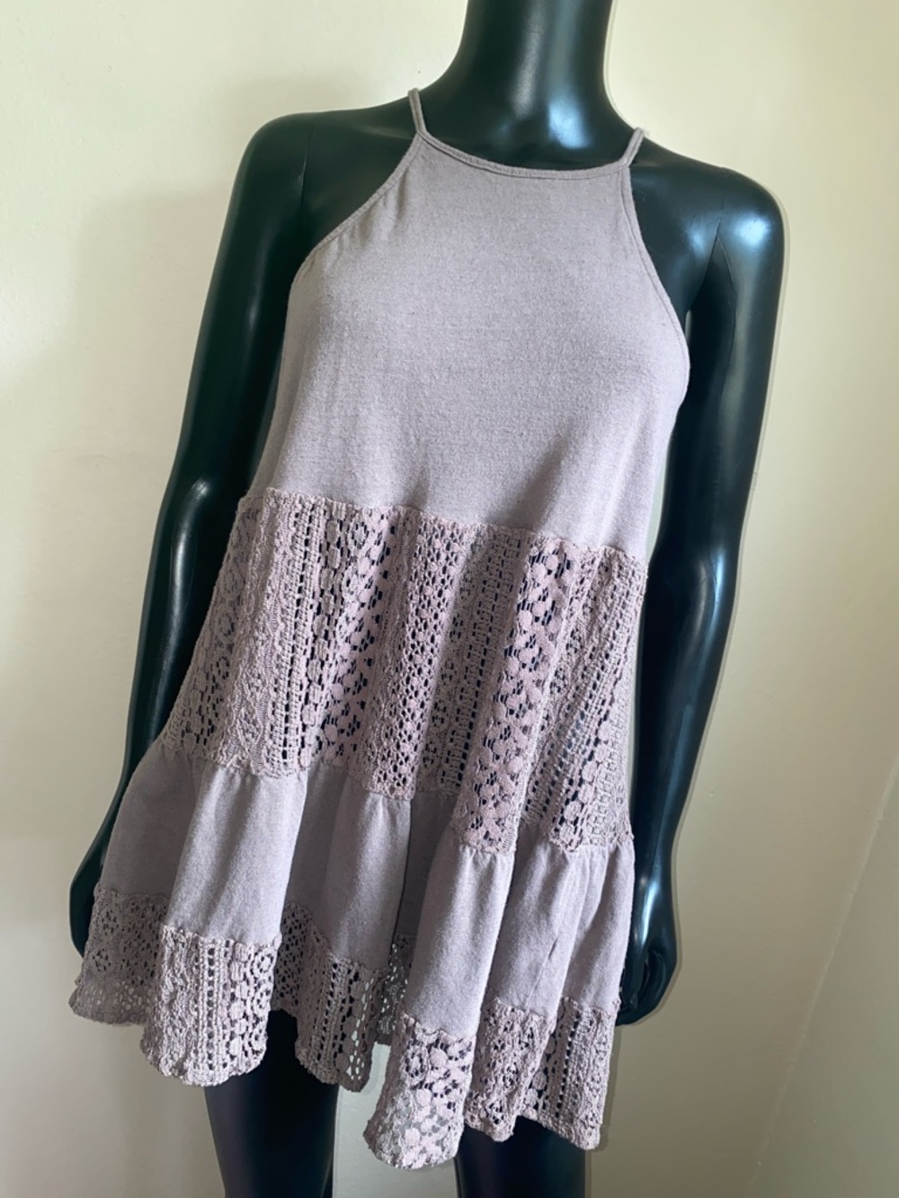 Sleeveless Crochet Tiered Tunic Top - Taupe